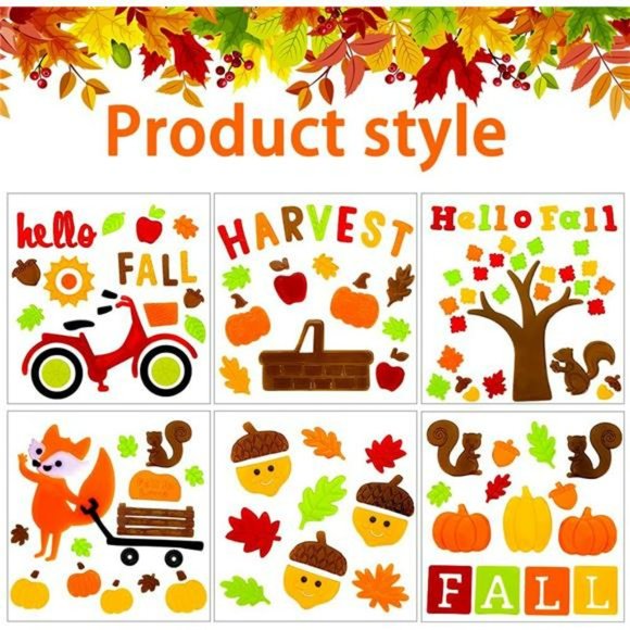 6sheet Fall Gel Window Clings, Maple Leaf Harvest Pumpkin Fox Thanksgiving Gel - Picture 3 of 7